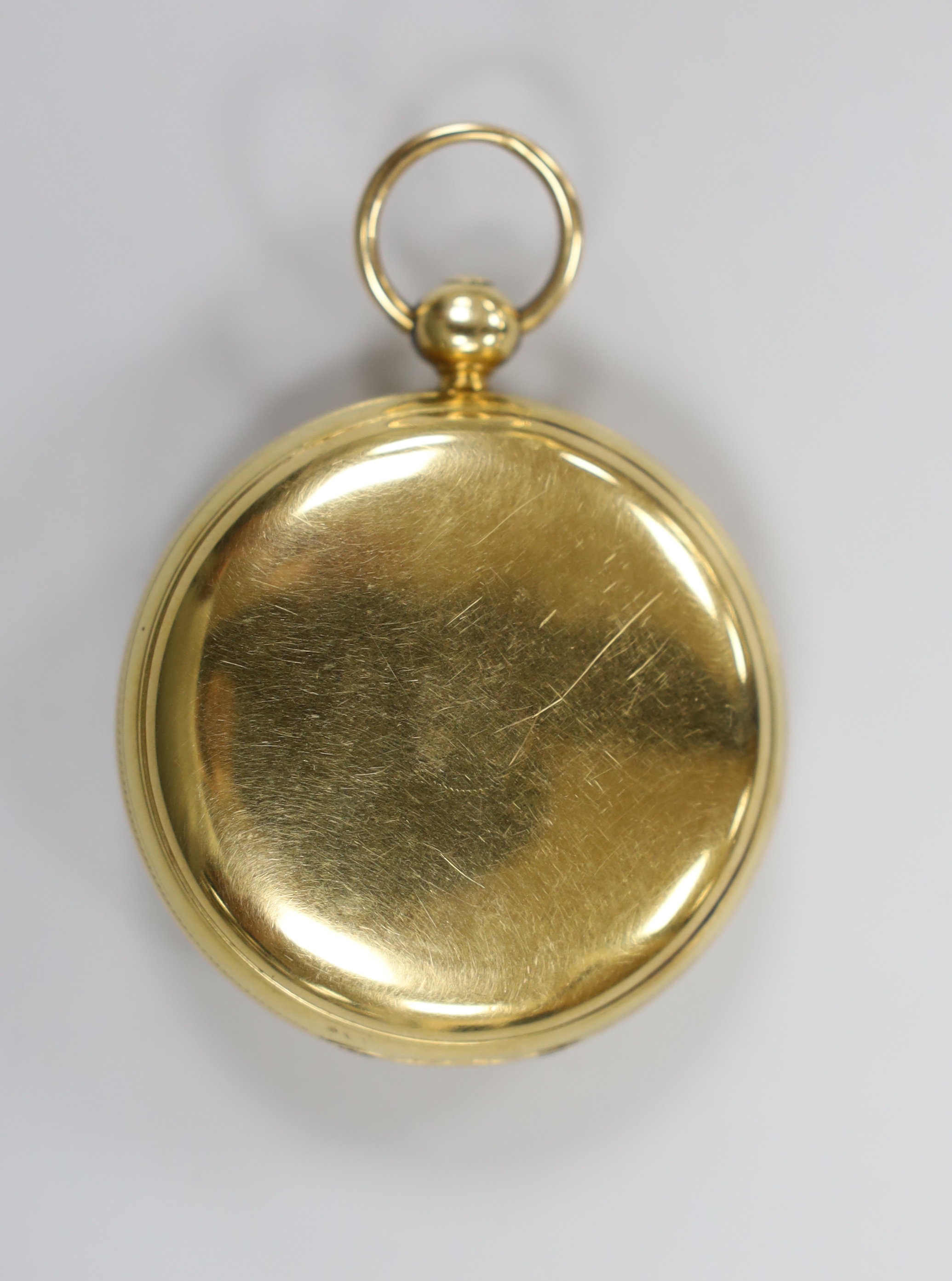 A late William IV 18ct gold open face keywind pocket watch, with yellow Roman dial and subsidiary seconds, case diameter 49mm